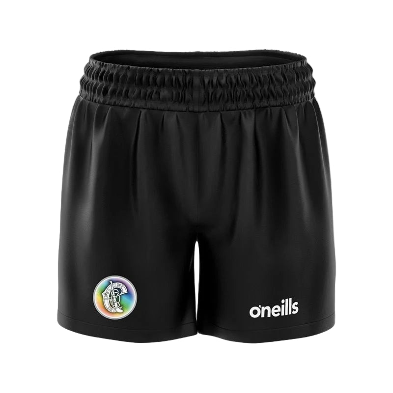 Black shorts with a colorful logo and 'oneills' branding on a light gray background