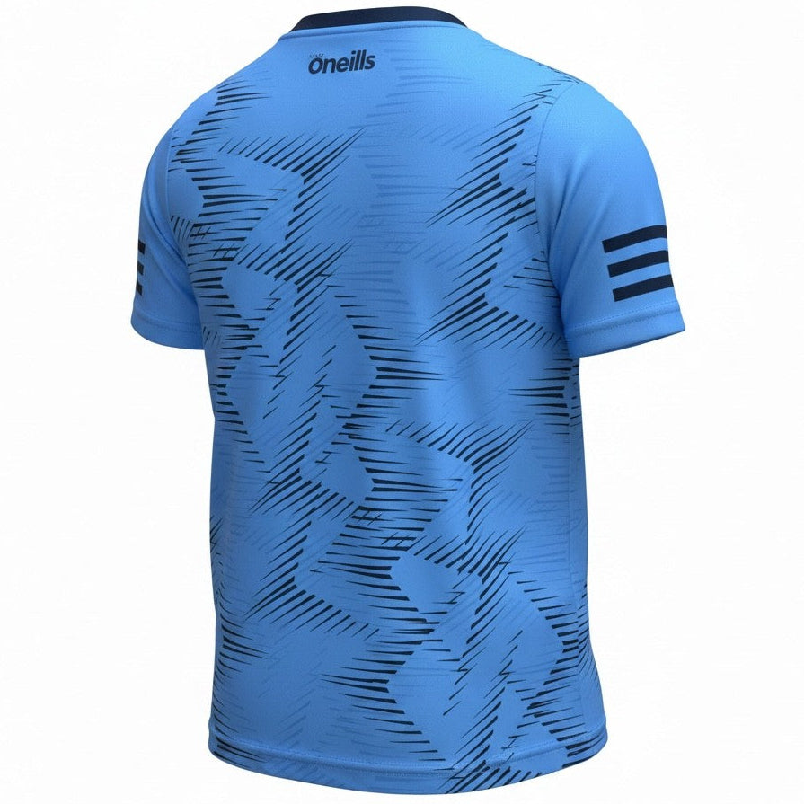 Blue sports jersey with black pattern and 'O'neills' branding on a white background