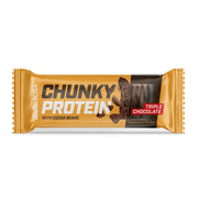 A single BiotechUSA Chunky Protein bar with cocoa beans, in its gold wrapper, labeled Triple Chocolate, shown on a plain white background.