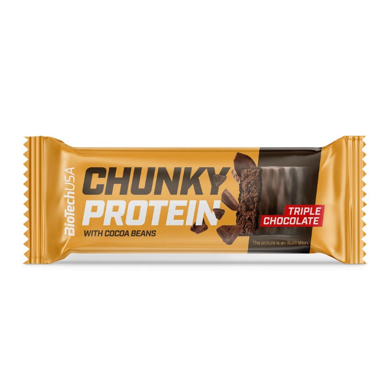 A single BiotechUSA Chunky Protein bar with cocoa beans, in its gold wrapper, labeled Triple Chocolate, shown on a plain white background.