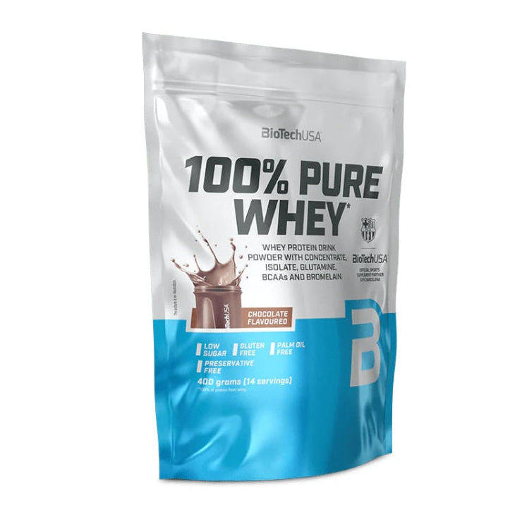 BioTech USA 100% Pure Whey Chocolate Flavored protein powder in a silver and blue resealable stand-up pouch, shown on a plain white background.