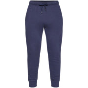 A pair of navy blue sweatpants with an elastic waistband and drawstring, displayed against a light gray background.