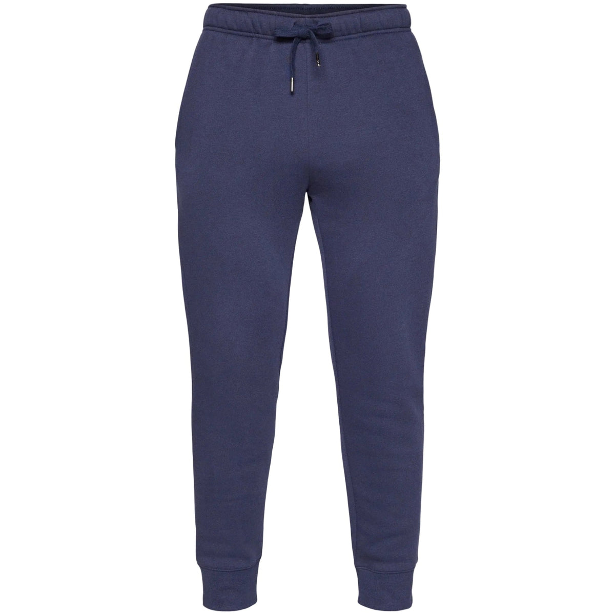 A pair of navy blue sweatpants with an elastic waistband and drawstring, displayed against a light gray background.
