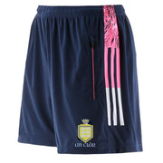 Navy shorts with pink and white stripes on a white background