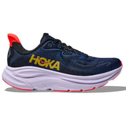 Blue running shoe with red accents and 'Hoka' branding on a white background