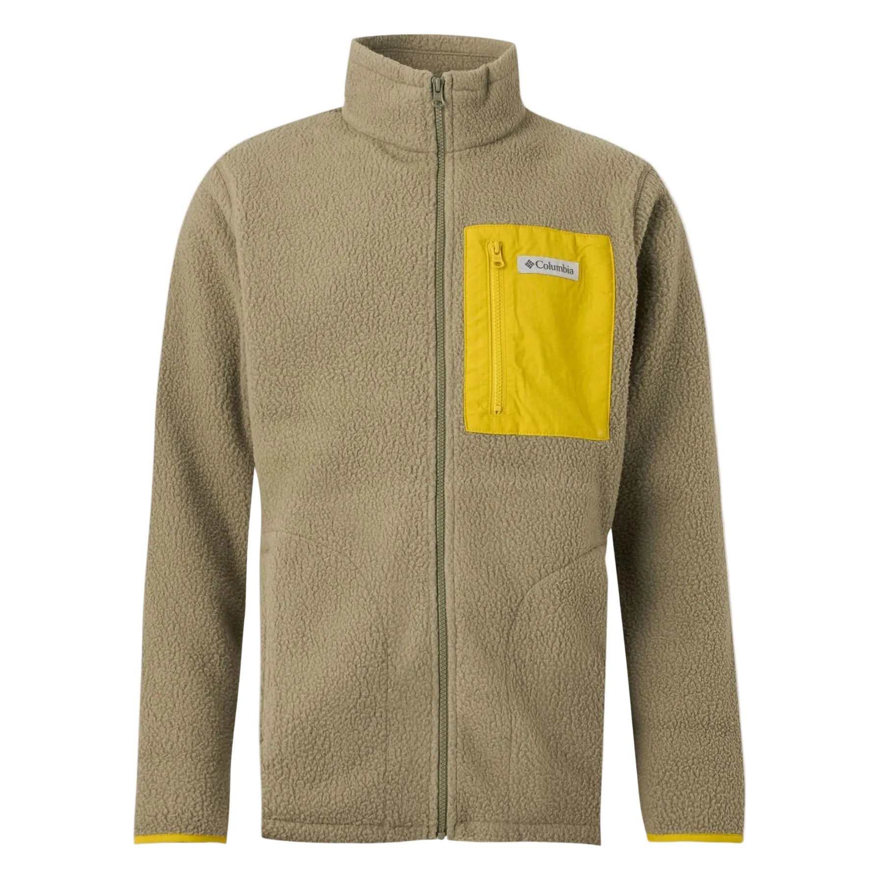 Beige fleece jacket with a yellow pocket on a white background