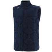Navy quilted vest with a brand logo on a white background