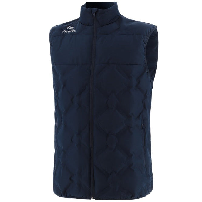 Navy quilted vest with a brand logo on a white background