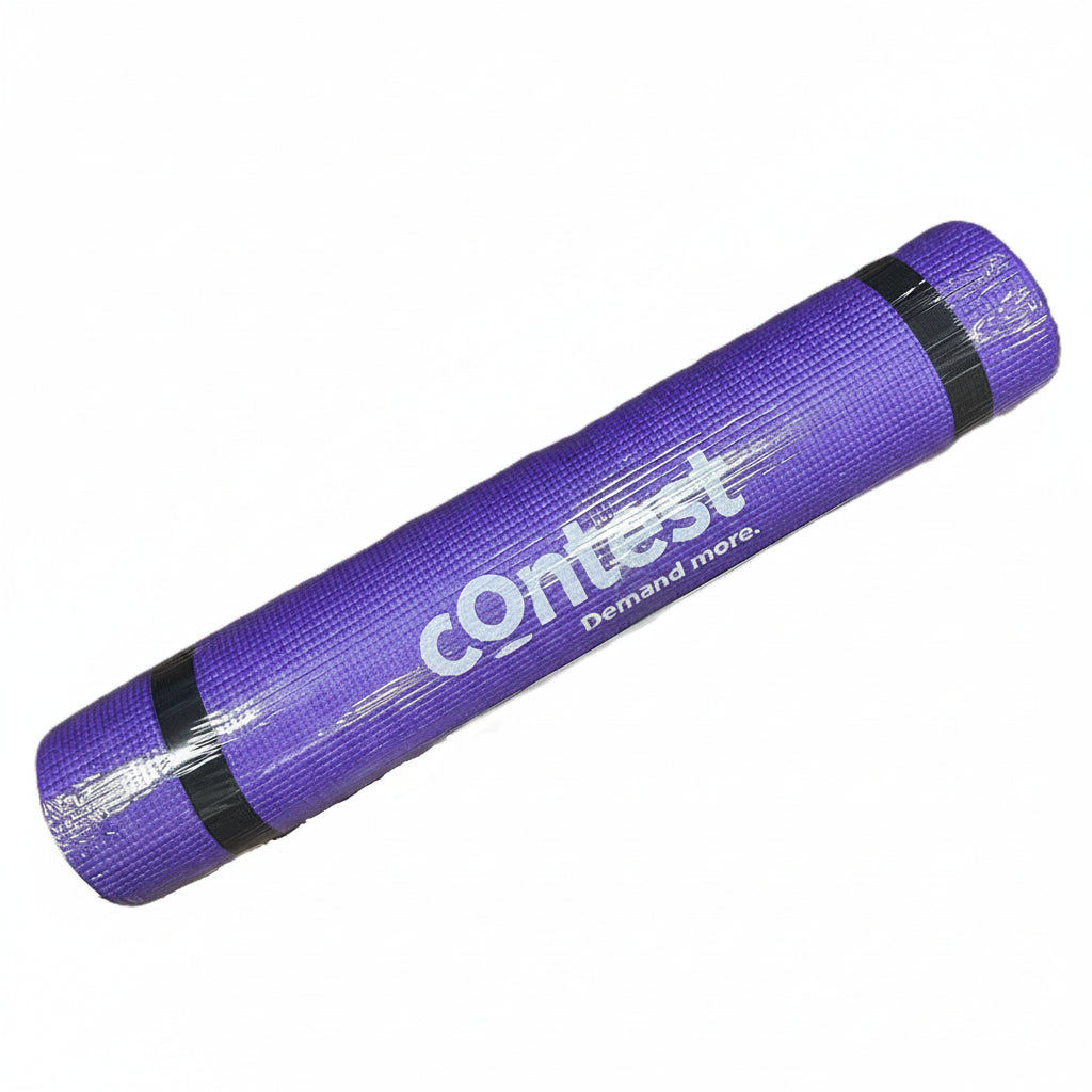 A purple Contest exercise/yoga mat rolled up and wrapped in clear plastic, with white logo text and black grip bands, shown on a plain white background.