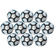 Nine soccer balls arranged in a 3x3 grid on a plain white background.