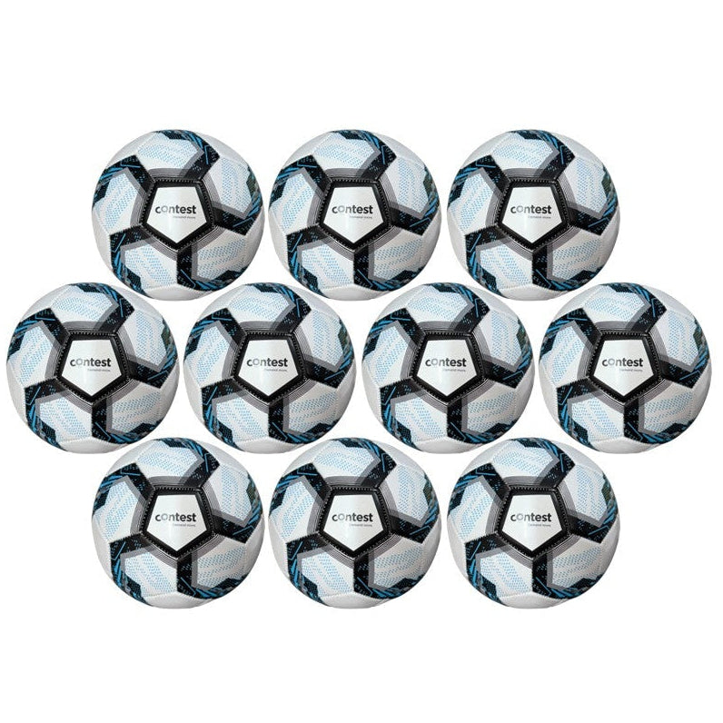 Nine soccer balls arranged in a 3x3 grid on a plain white background.