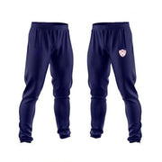 Front and back views of navy blue athletic sweatpants with annotations pointing out features such as the navy zip, zip cover, CS logo in navy, and zip end.