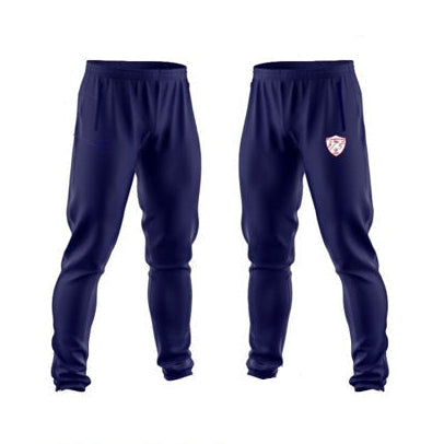 Front and back views of navy blue athletic sweatpants with annotations pointing out features such as the navy zip, zip cover, CS logo in navy, and zip end.