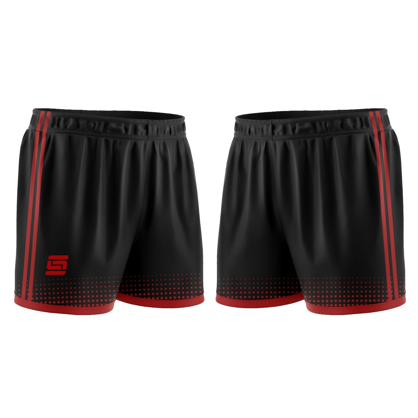 Black shorts with red accents on a white background