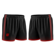 Black shorts with red accents on a white background