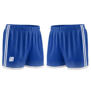 Pair of blue shorts with white stripes on a white background