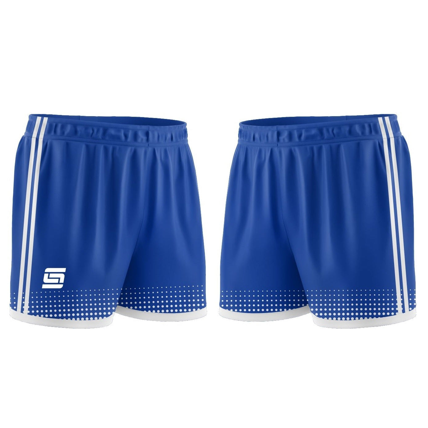 Pair of blue shorts with white stripes on a white background
