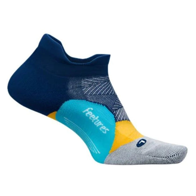 Multicolored sock with 'feetures' branding on a white background