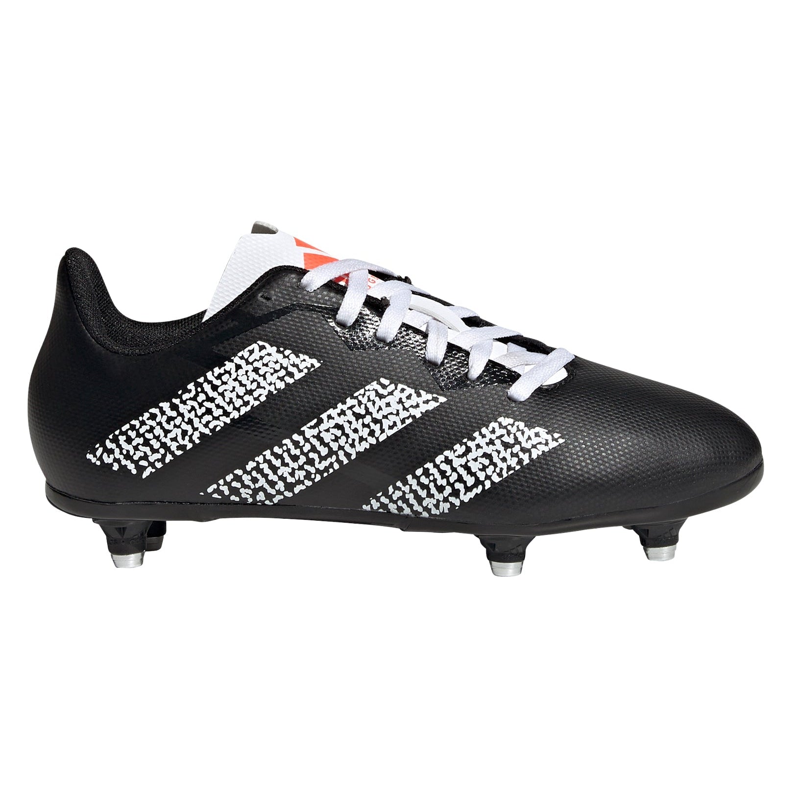 A pair of Adidas junior rugby boots with a synthetic upper and a cleated outsole, primarily black with white and red accents.
