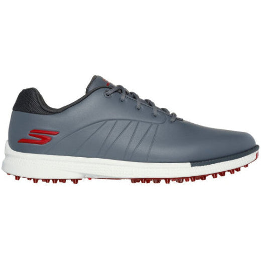 Gray golf shoe with red accents on a white background