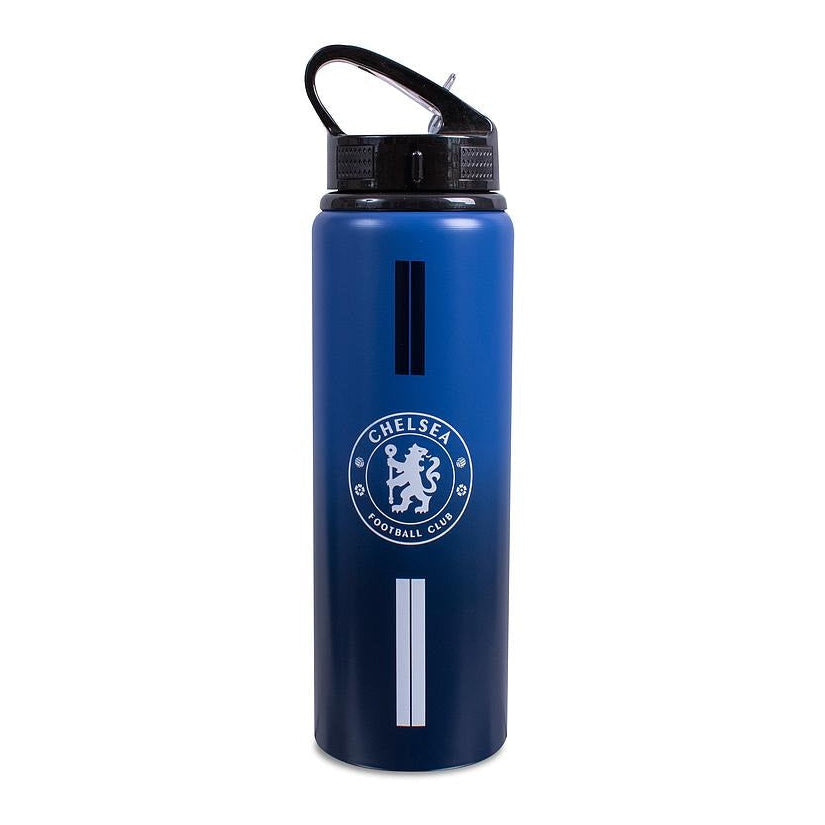 A blue 750ml aluminium water bottle with a fade design featuring a FC Chelsea logo, drinking spout, and carry handle.