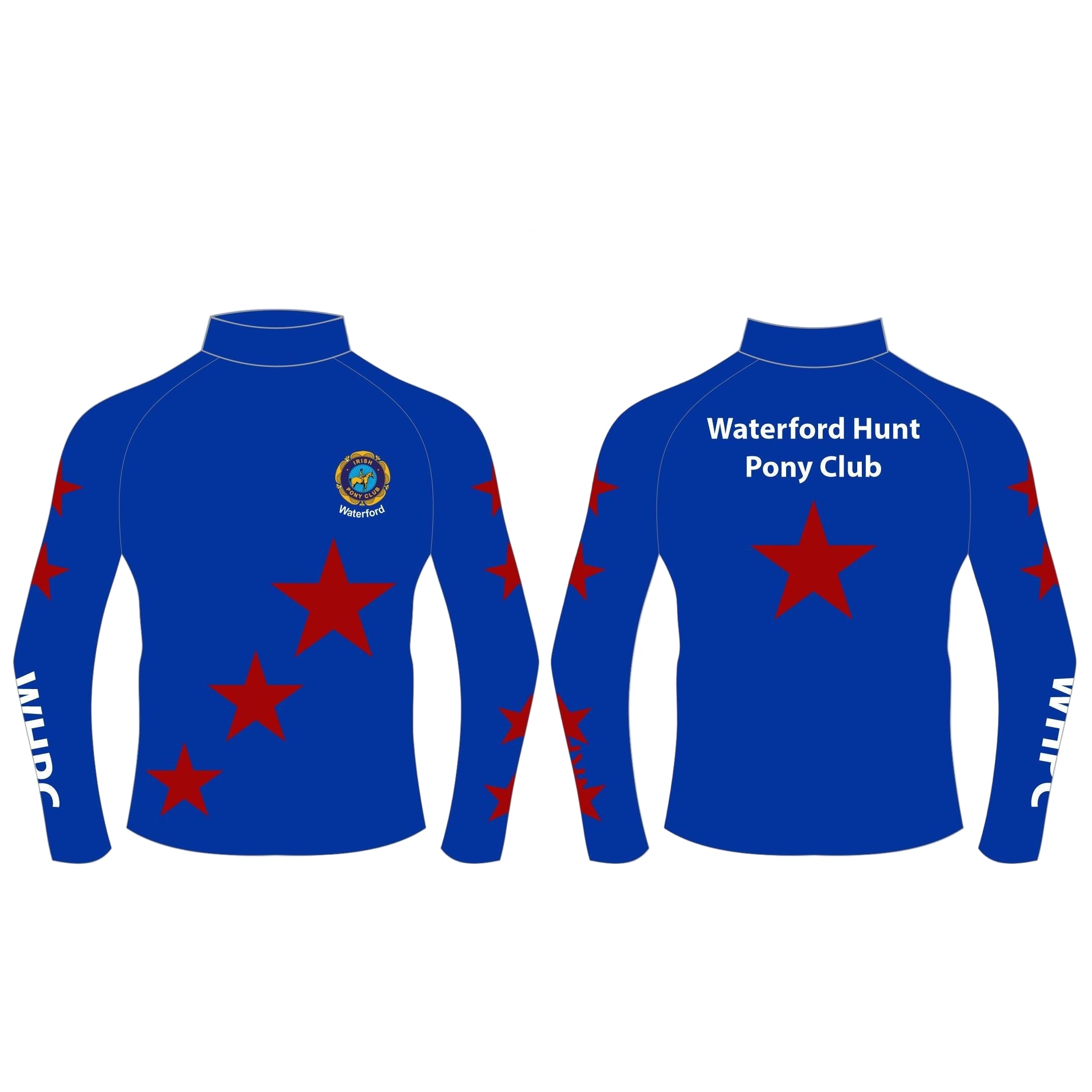 Blue long-sleeve shirt with red stars and 'Waterford Hunt Pony Club' text on a white background.