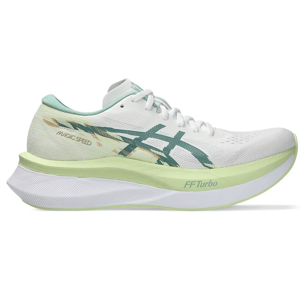 A pair of women's Asics Magic Speed 4 running shoes in white and green colors, featuring a carbon plate and FF TURBO cushioning.