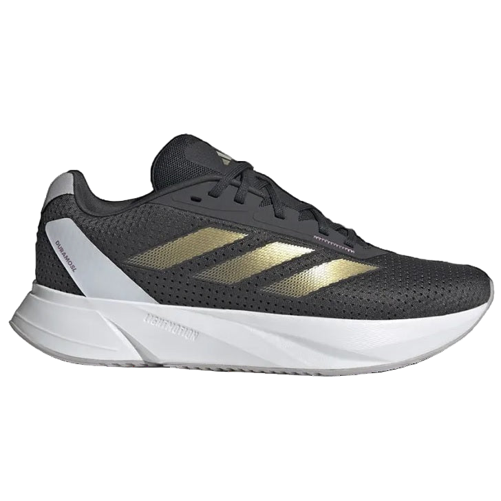 Black running shoe with gold stripes on a white background