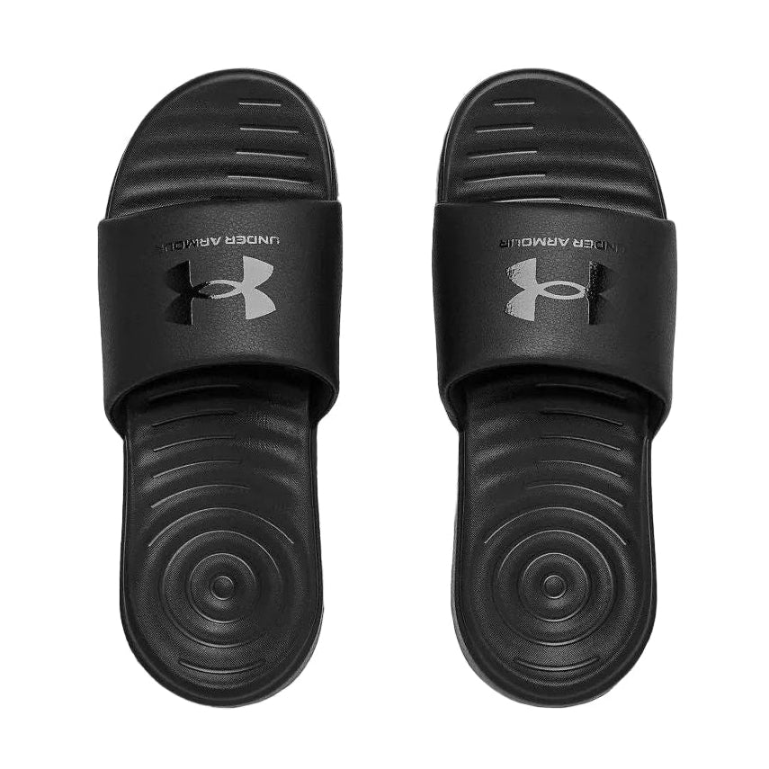 A pair of black Under Armour slide sandals shown from a top-down view on a plain white background.