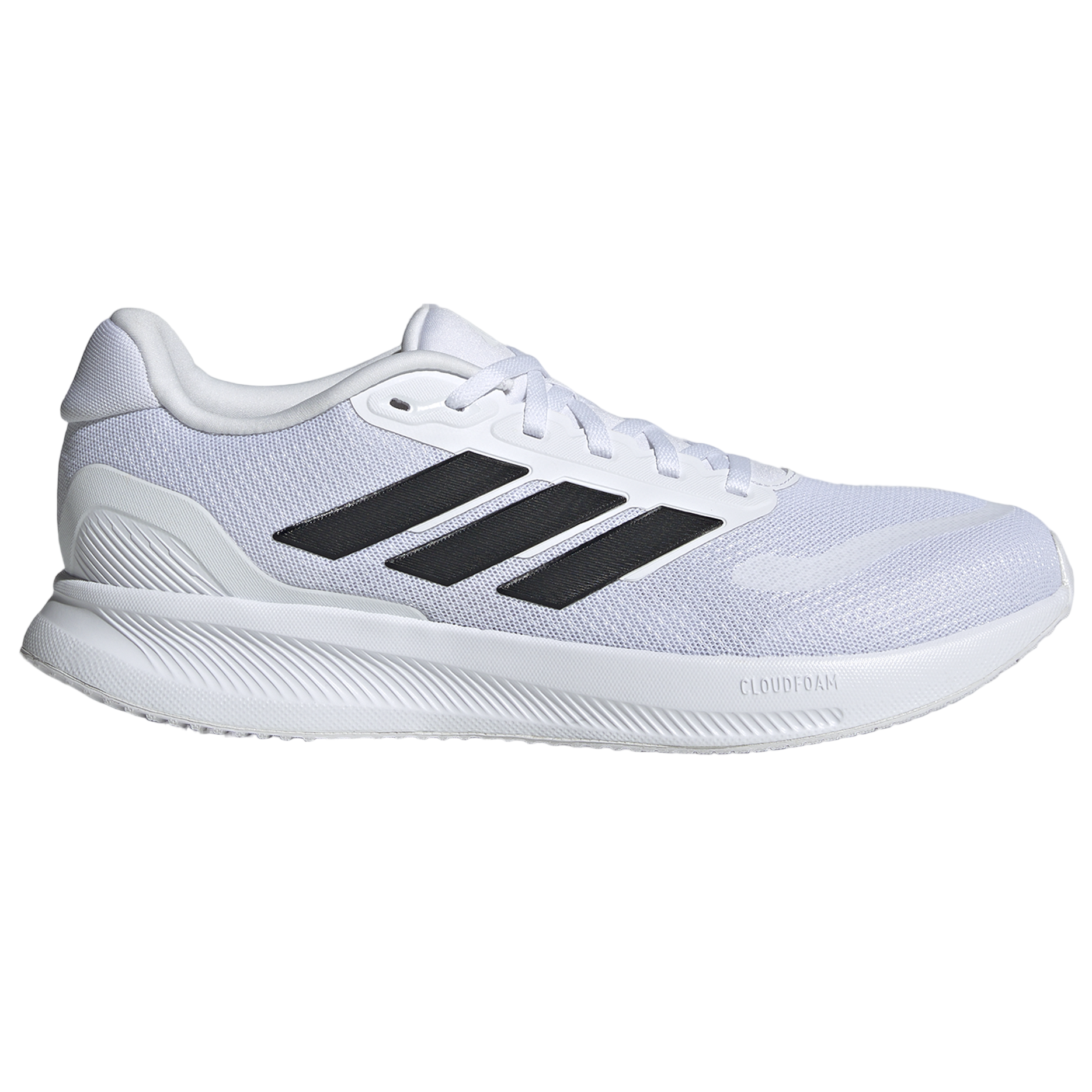 White Adidas running shoe with black stripes on a white background