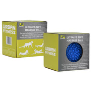 Packaging for Urban Fitness Ultimate Soft Massage Ball, showing the ball inside a green and white box with product information.