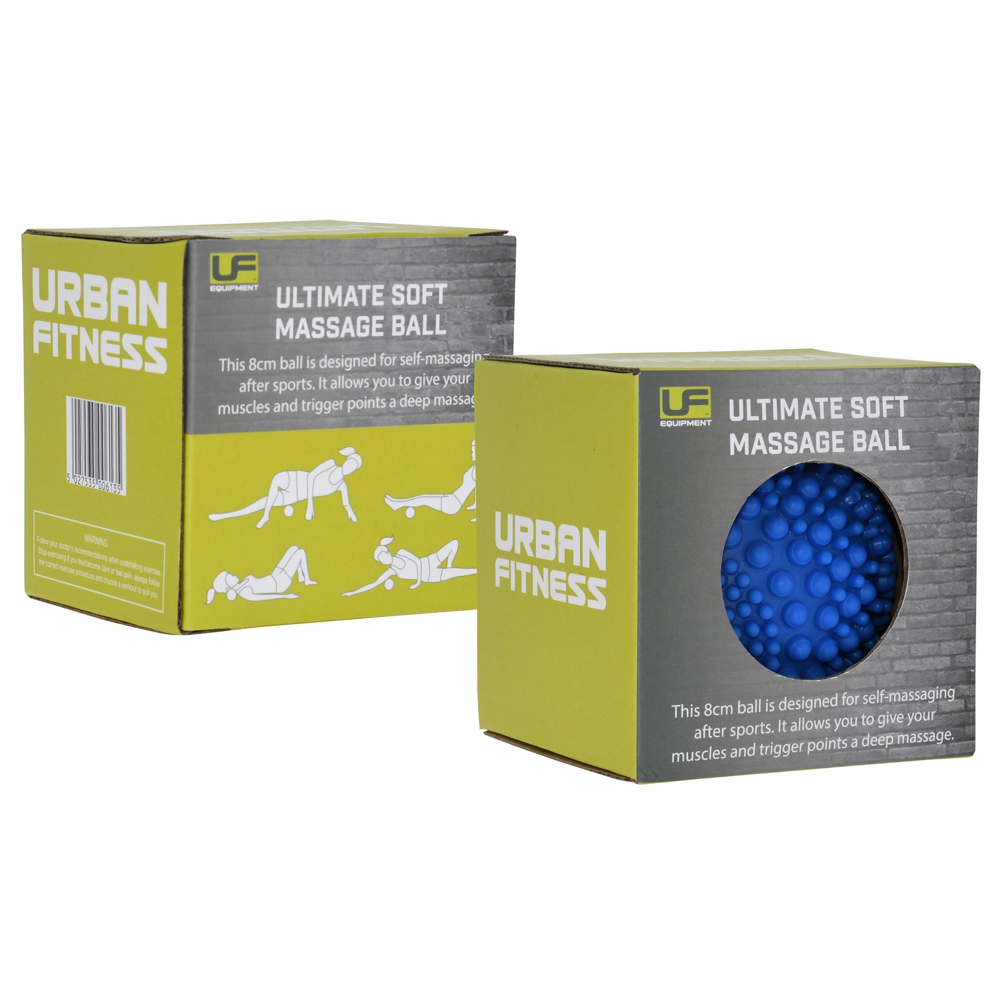 Packaging for Urban Fitness Ultimate Soft Massage Ball, showing the ball inside a green and white box with product information.