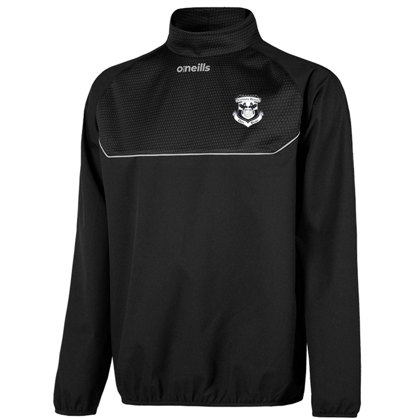 Black pullover with a logo on the chest against a white background