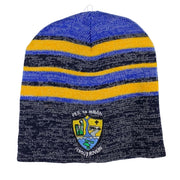 Knitted beanie with blue and yellow stripes and a logo on a white background