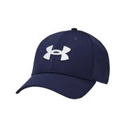 Navy blue cap with a white logo on a white background