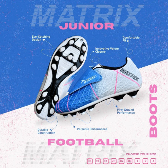 Precision Matrix Junior Velcro Football Boots Firm Ground Aqua White Fuchsia (White Blue Pink)