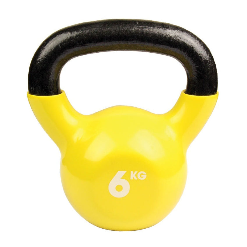 Yellow kettlebell with black handle and '6 KG' marking on a white background