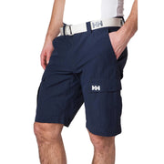 Navy cargo shorts with a visible brand logo on a white background