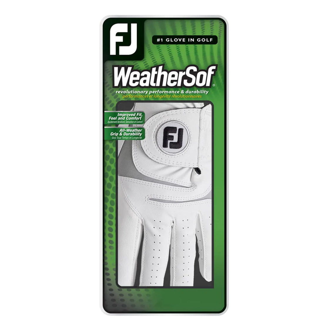 Packaging of Footjoy WeatherSof Women's golf glove featuring the glove itself in white with perforations and a logo on the palm, displayed on a green and white background with the text 'WeatherSof' and the Footjoy logo.