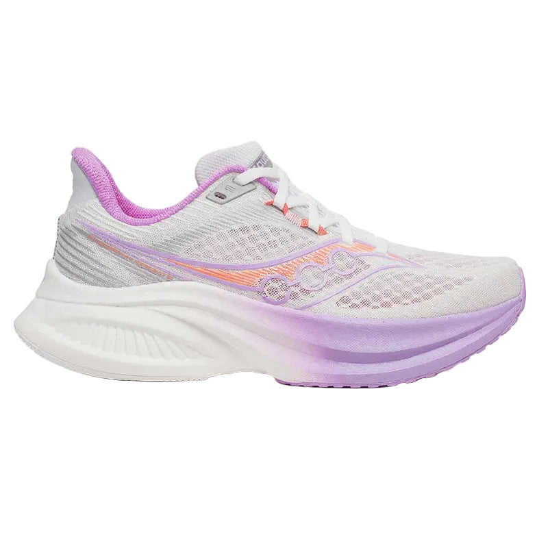 White running shoe with purple and orange accents on a white background