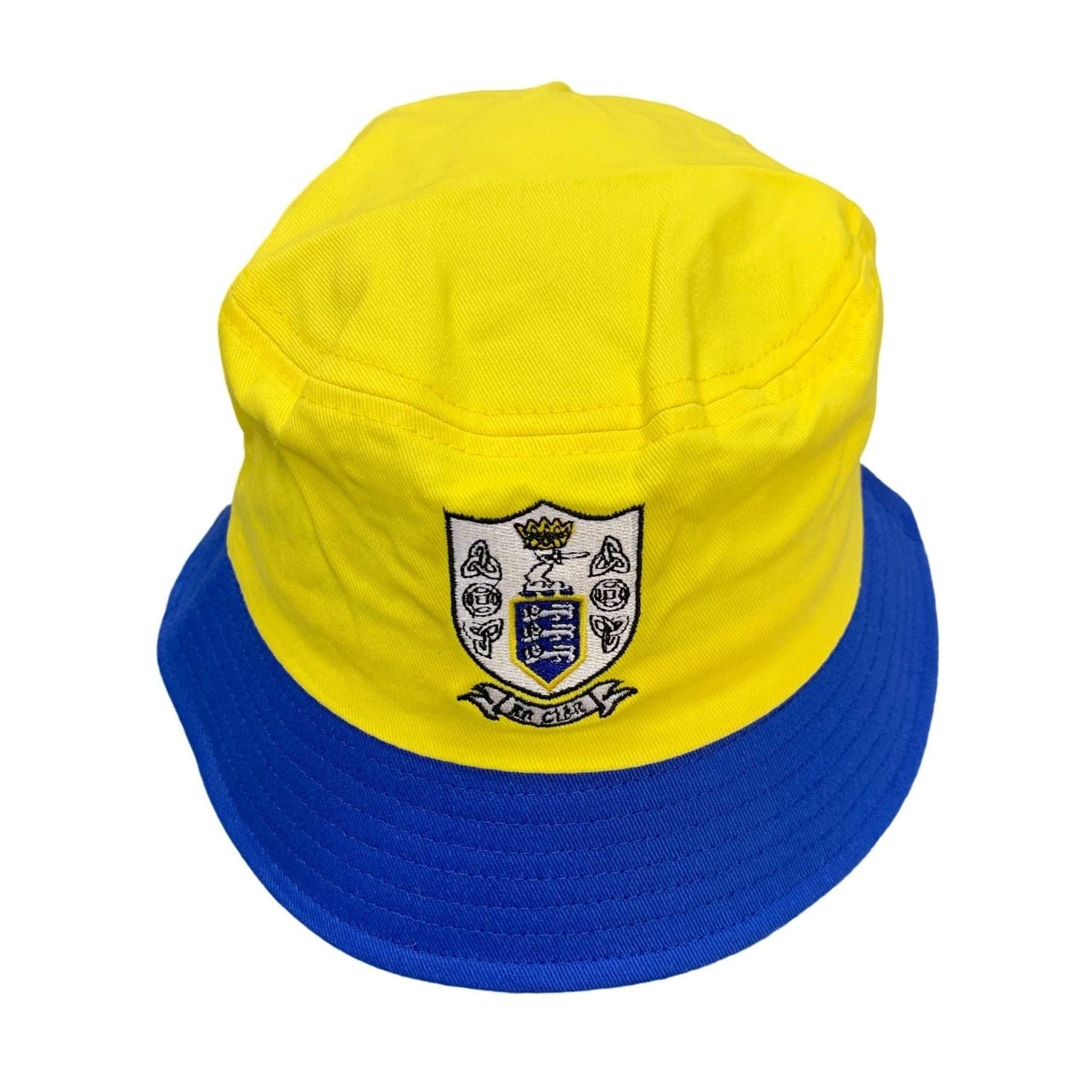 Yellow and blue bucket hat with a crest on a white background