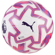 White soccer ball with pink and purple patterns, featuring Puma logo and Premier League branding.