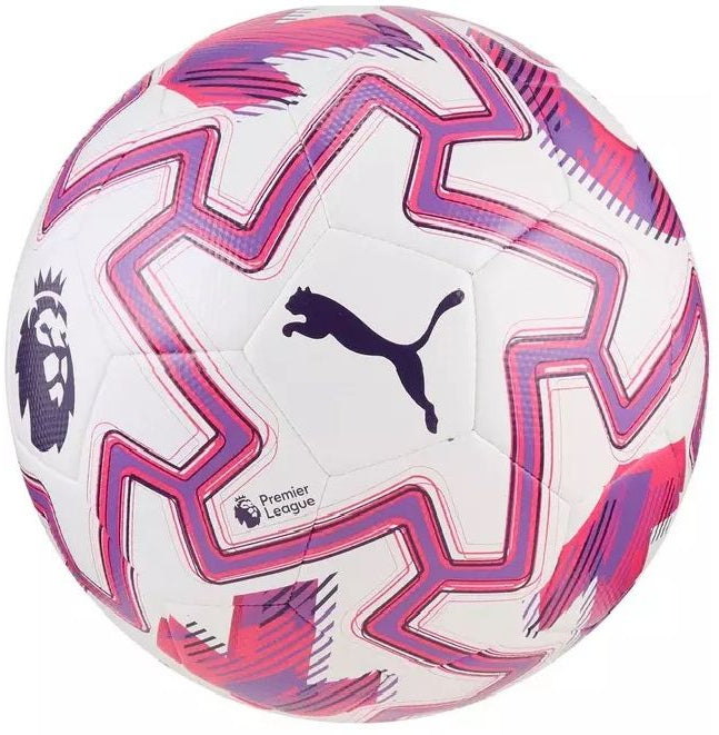 White soccer ball with pink and purple patterns, featuring Puma logo and Premier League branding.