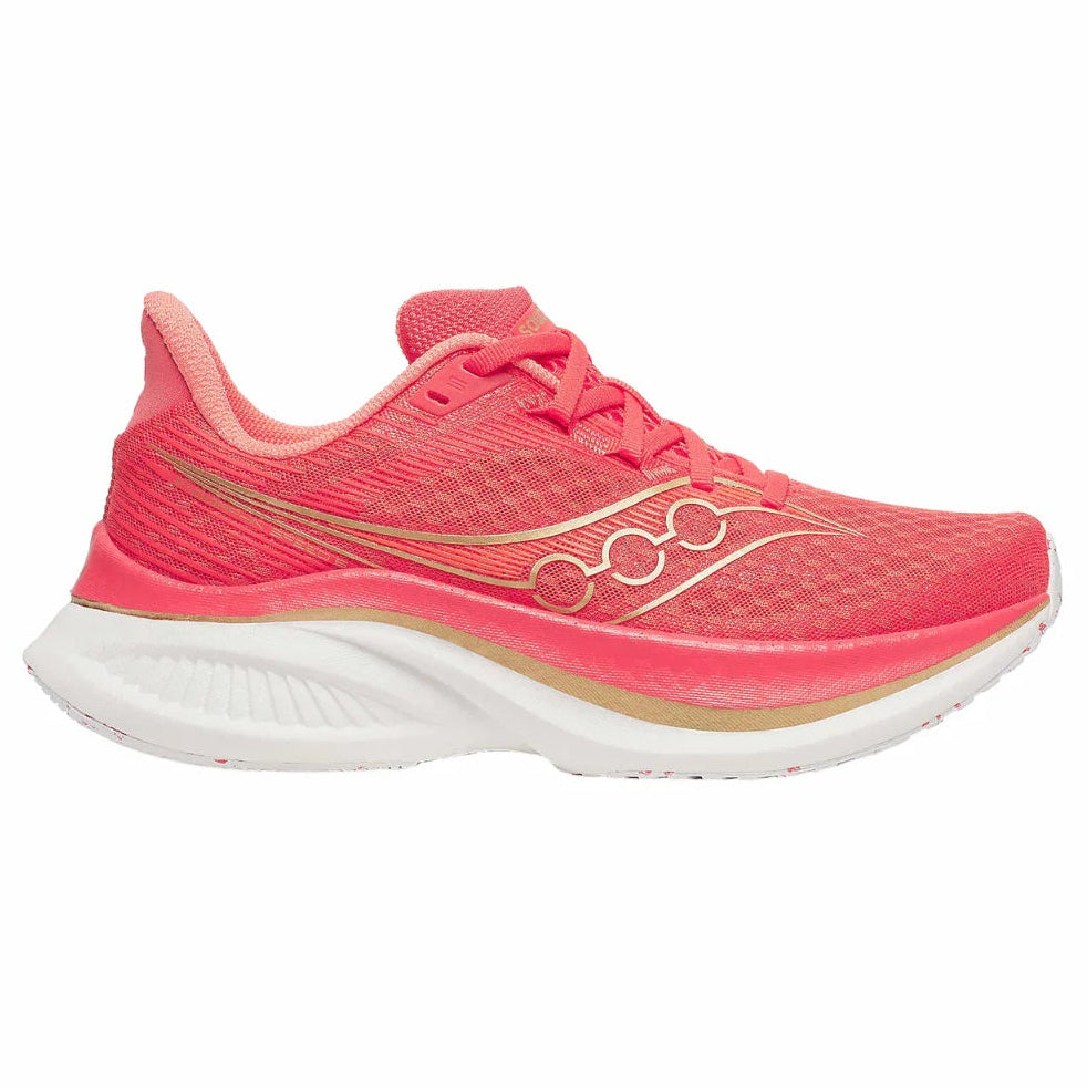 Pink running shoe with white sole on a white background