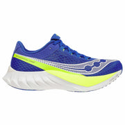 Blue and yellow running shoe on a white background