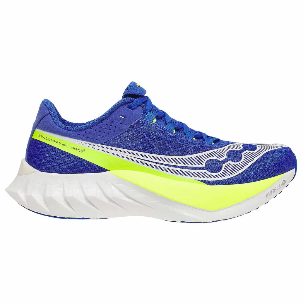 Blue and yellow running shoe on a white background