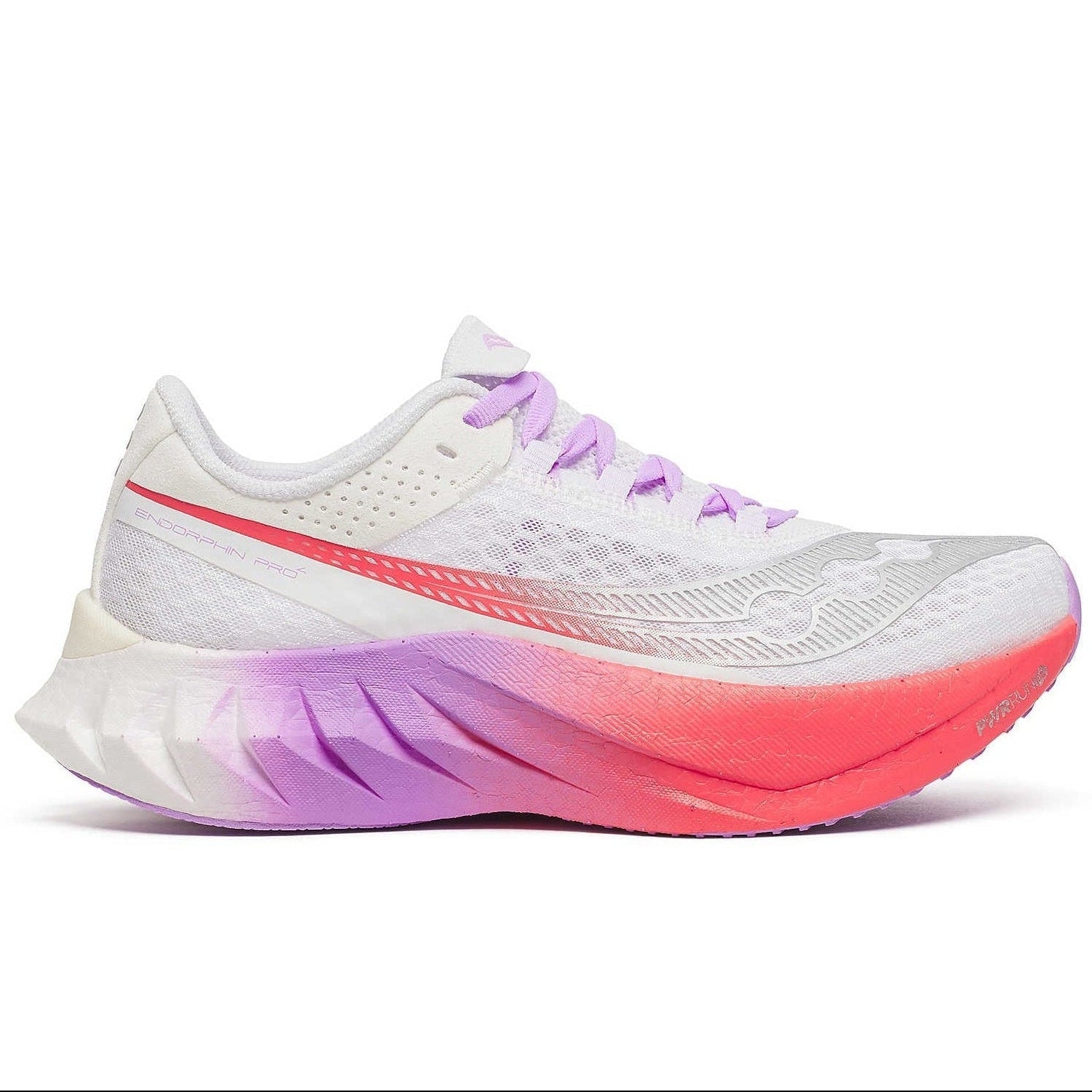 White running shoe with pink and purple gradient sole on a white background