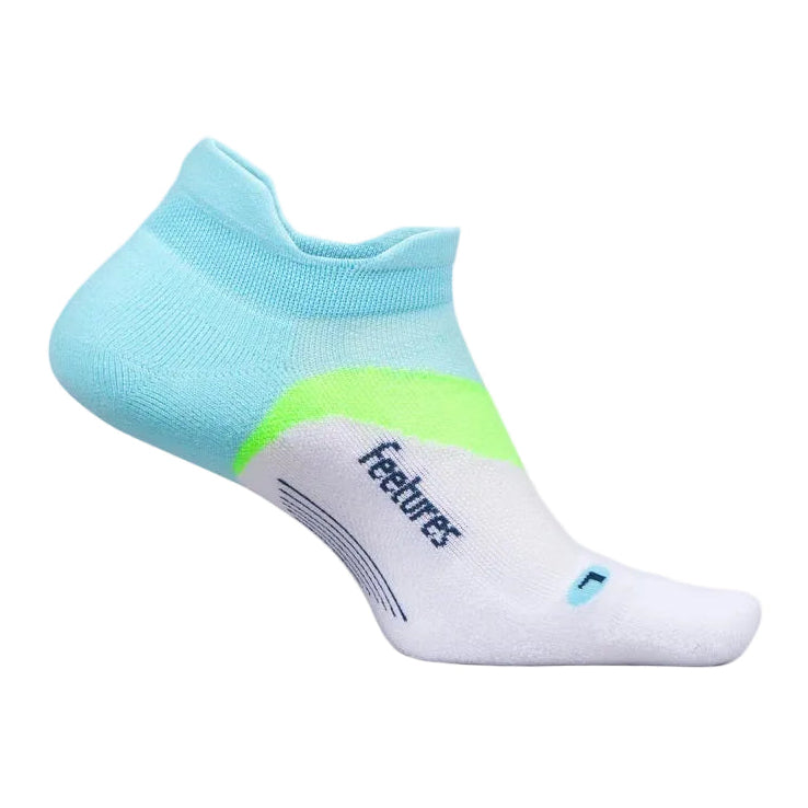Light blue and white sock with green accent on a light gray background