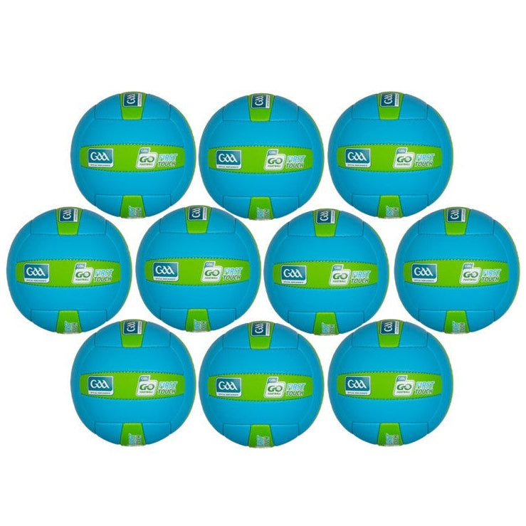 Set of 10 blue basketballs with visible branding on a white background