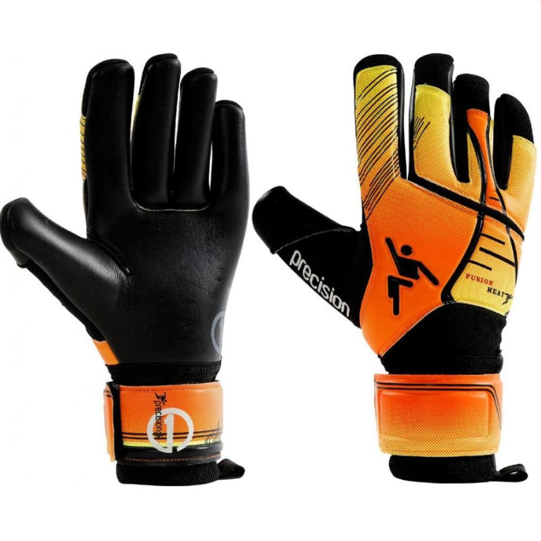 Pair of black and orange gloves with 'precision' branding on a white background